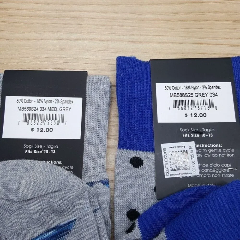 BLOOMINGDALES MENS STORE Crew Socks Sz 10-13 Blue Gray Argyle Diamond Dot Italy